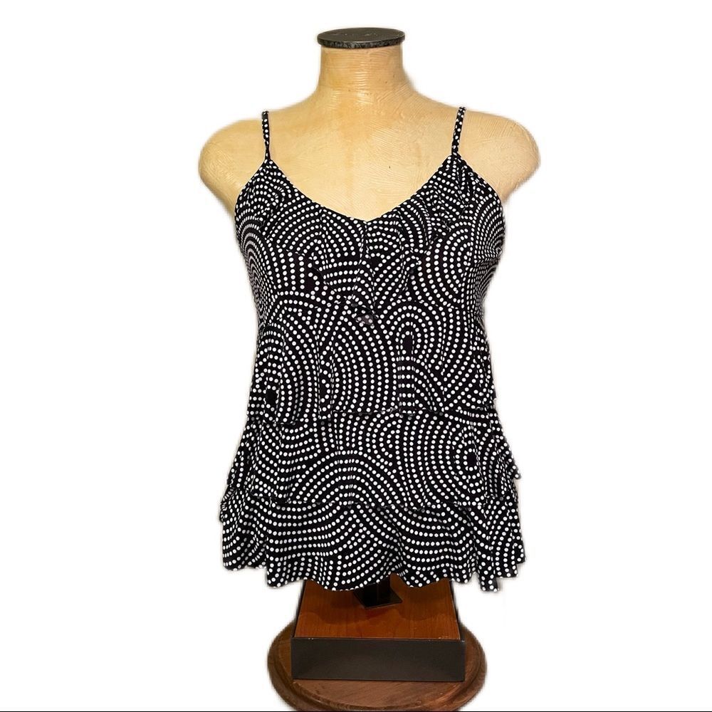 Reitmans Ruffle Tier Spaghetti Strap Polka Dot Top Large Petites Black & White